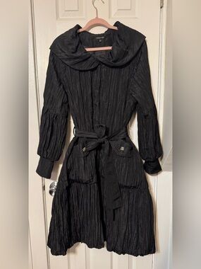 Samuel Dong Black Crinkle Belted Coat Long Sleeve Dress Size L